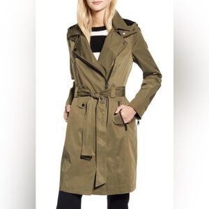 AVEC LES FILLES Water Resistant Moto Detail Green Trench Coat